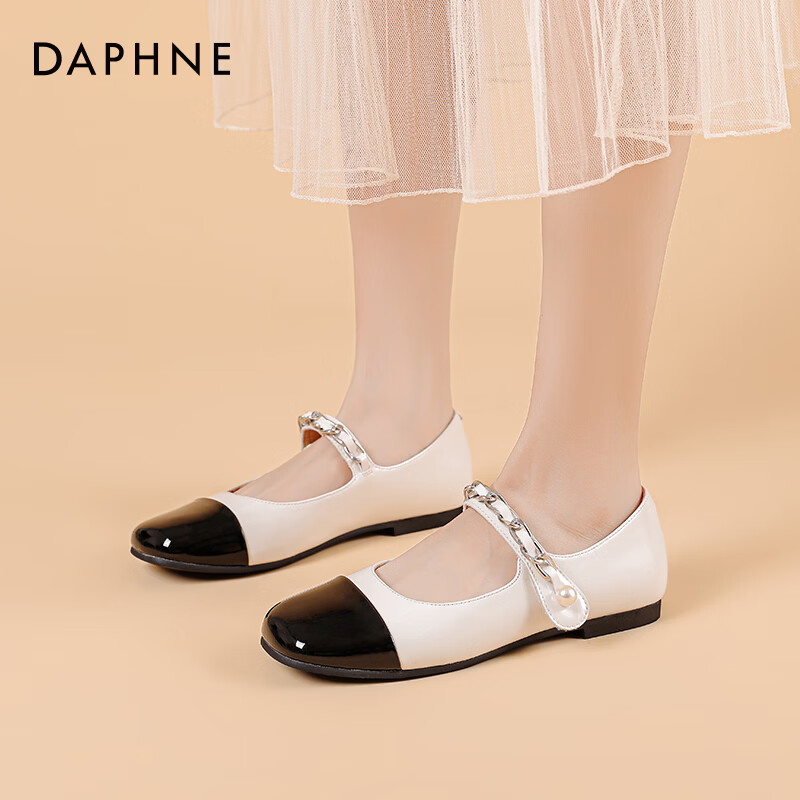 达芙妮玛丽珍女鞋2026新款春秋法式小皮鞋高跟鞋小香风粗跟单鞋女LP 米黑拼色 40