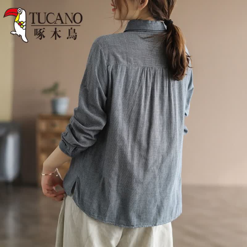 啄木鸟（TUCANO）文艺复古千鸟格棉麻衬衫女2026春季款民族风刺绣中国风盘扣上衣女 蓝色 2XL 建议130-145斤