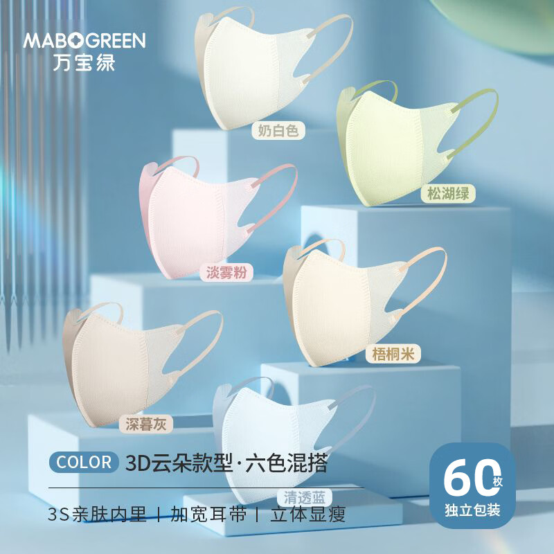 万宝绿口罩3d立体女高颜值2026新款显脸小莫兰迪色一次性夏季轻薄款透气 【六色混搭】60只-独立装 M码（适用75-125斤）