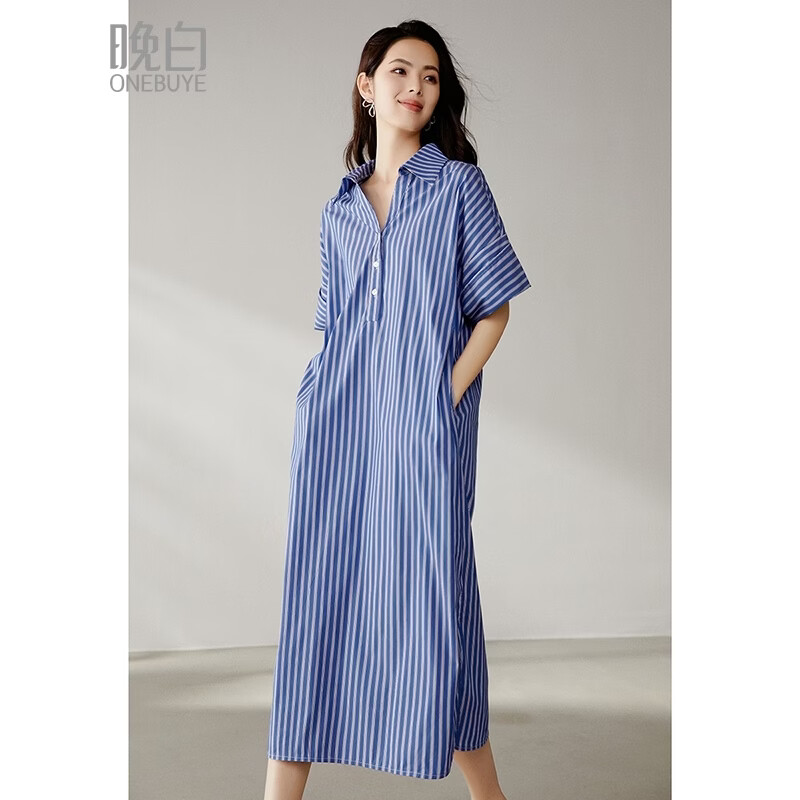晚白【新品】2026年春款经典蓝白条纹衬衫裙宽松显瘦大码短袖连衣裙 蓝色 S