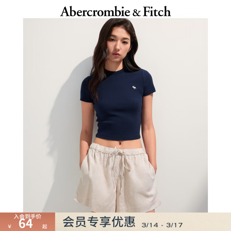 Abercrombie &amp; Fitch【多色圆领T】经典小麋鹿图案女装25夏季美式短袖T恤139-5272 海军蓝 XS (160/84A)