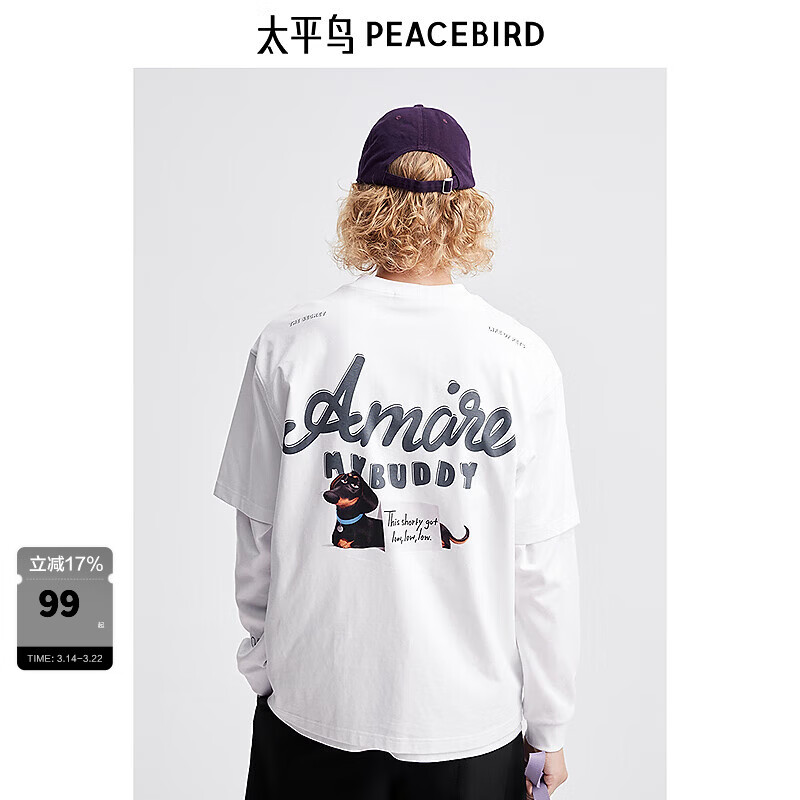 太平鸟男装休闲T恤夏季印花重磅T恤 B1CNE2155 白色1（宽松） XL