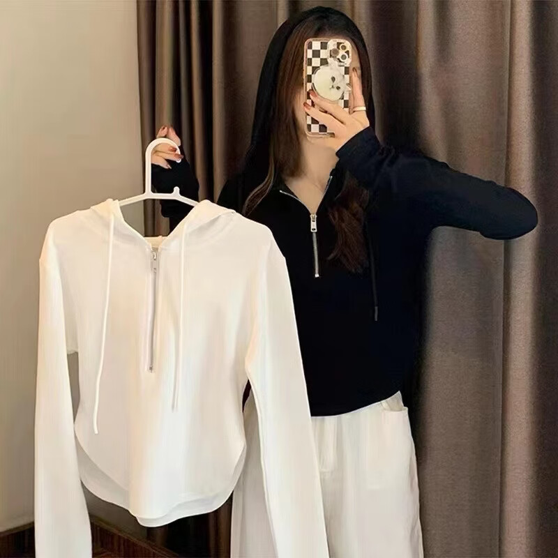 BURQAMARCH春秋卫衣女2026新款连帽长袖短款气质打底衫修身燕尾高腰女士上衣 白色 XL （建议105-130斤）