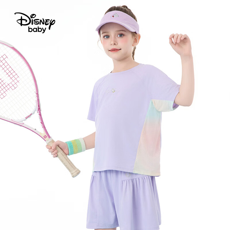 迪士尼(Disney)童装男女童运动套装夏季新款男女童短袖短裤两件套 渐变网球服 糖果紫 150 高145-155cm重70-85斤