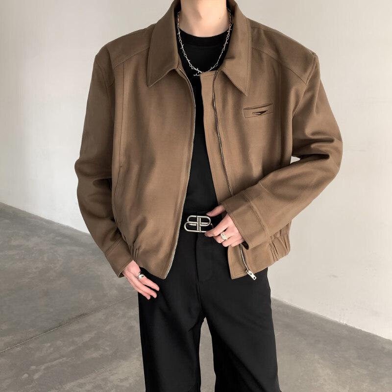 DEREJERINEcleanfit短款夹克男款春秋痞帅美式垫肩外套感黑色翻领棒球服 卡其色 L 120-135斤