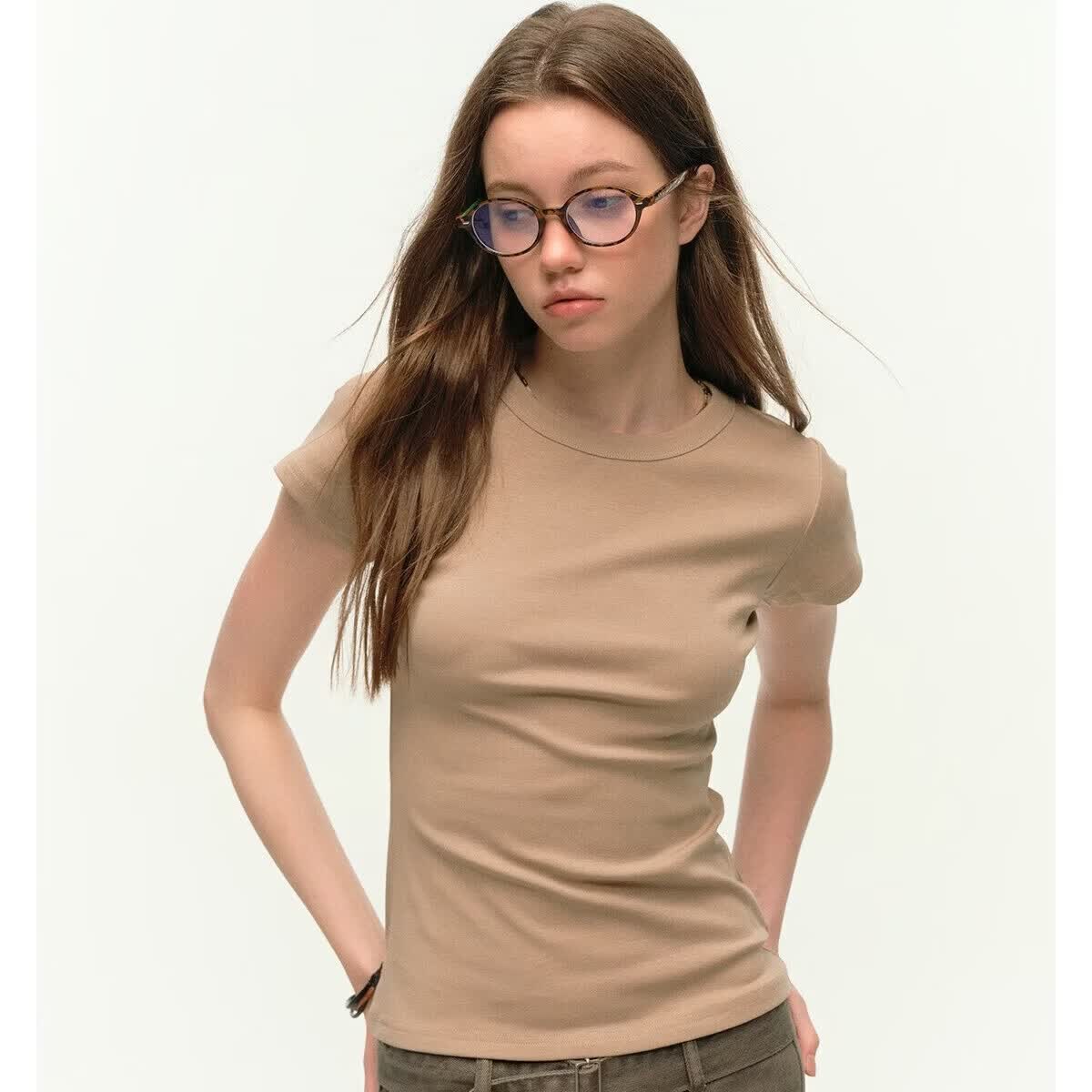 LADY IDEAL「显白嫩绿」美式正肩短袖t恤女夏季修身显瘦打底上衣 黑色 XL