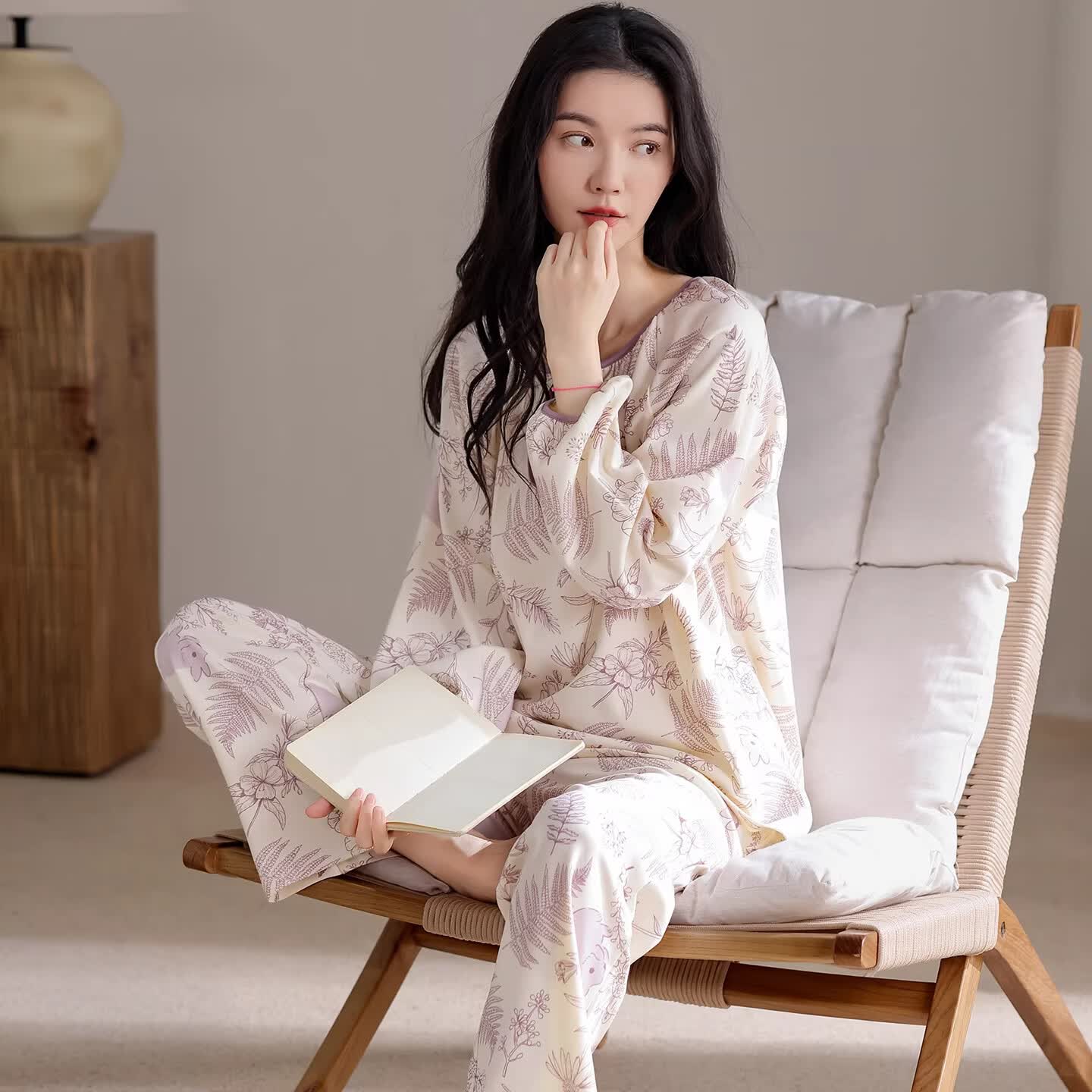 莫代尔100%纯棉睡衣女士长袖春夏季圆领可外穿可爱家居服套装2026新款 紫色水墨-66313【100%纯棉  亲肤透气】 L 【推荐100-120斤】