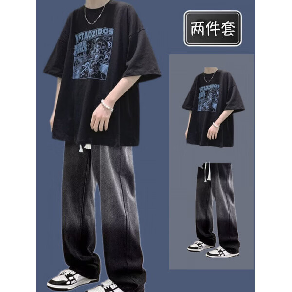 梵姿缇夏季短袖t恤男潮流酷帅套装搭配牛仔裤感两件套学生网红痞帅一套  S M 【2件套】T56白+T8808蓝色