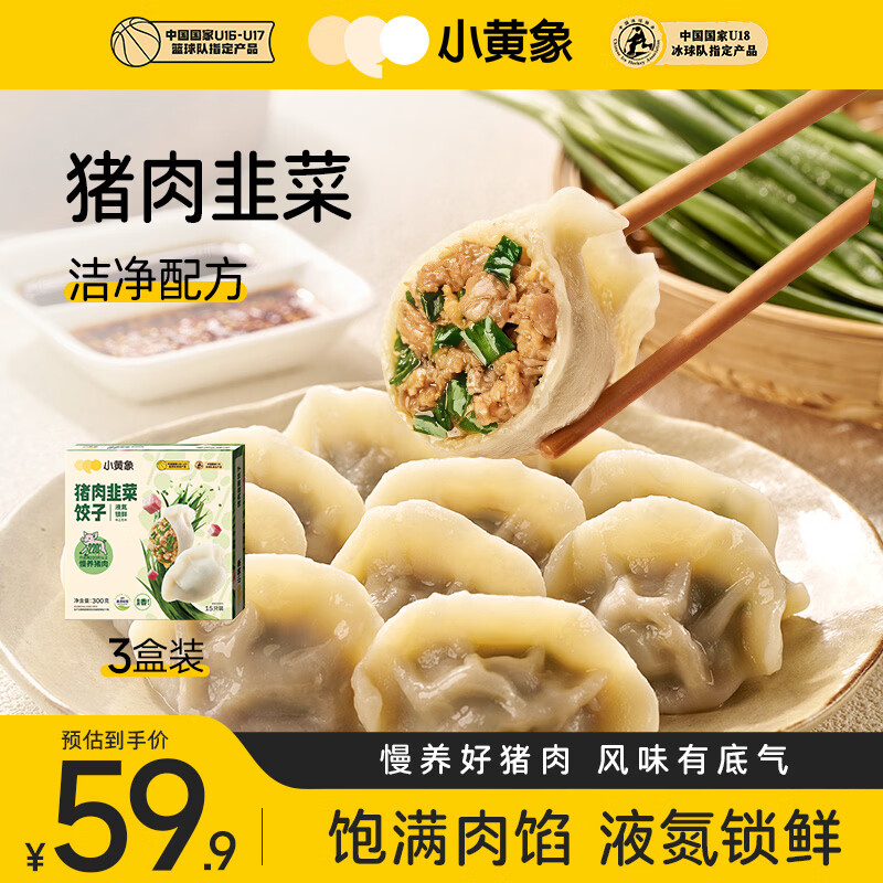 小黄象猪肉韭菜水饺300g*3盒（共45只）蒸饺煎饺早餐儿童饺子