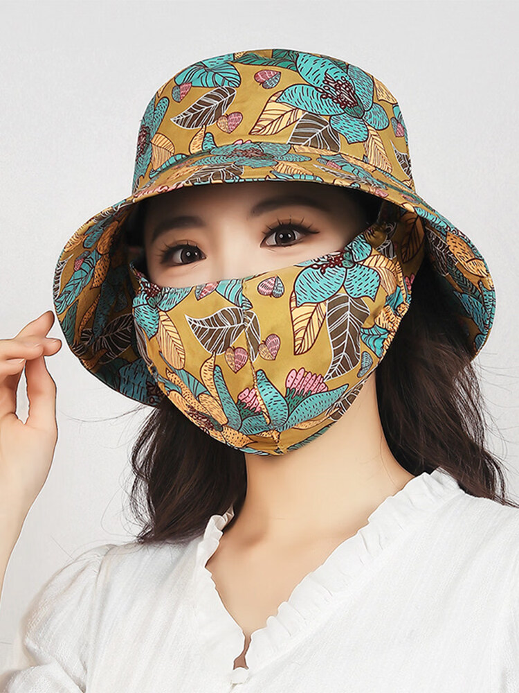 口罩一体帽防晒2026夏季新款帽一体女骑车干活遮阳帽吹翻大檐太阳 黄色大叶 均码