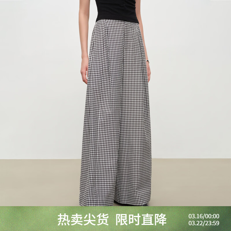 自巧巧型 小个子格纹肌理感拼褶拖地裙裤阔腿裤女2026年夏季新款 黑白格 M （尺码：4）