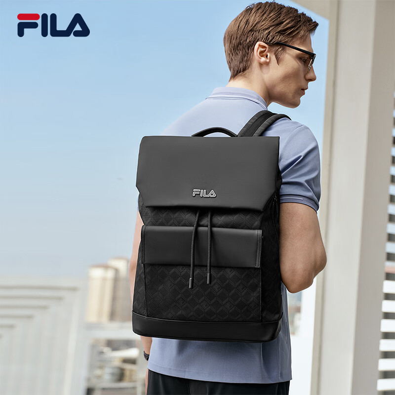 FILA 斐乐官方男士背包2026夏新款时尚休闲双肩包书包翻盖双肩包 正黑色-BK XS