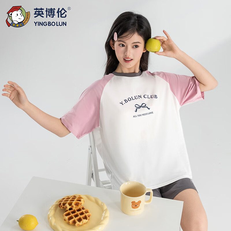 英博伦女童睡衣2026新款少女夏季纯棉女孩短袖套装中大童全棉10A抗菌 21156本白 165