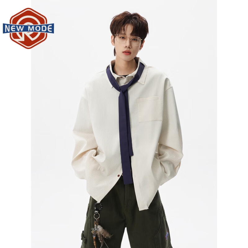 NEW OR MODE肌理感条纹长袖衬衫男春夏季新款复古宽松高级感百搭翻领上衣外套 米白【送领带】 XL 【建议125-145斤】