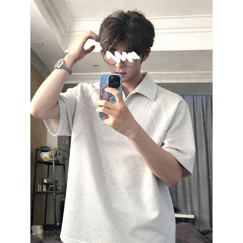 POUM白花灰美式翻领短袖Polo衫男款夏季boxy版型t恤感内搭半截袖 CLF-T212白灰色 XL