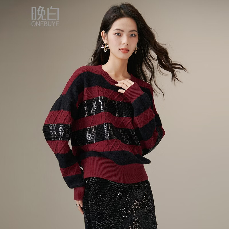晚白【新品】2026年春款时尚亮片圆领毛衣弹力舒适宽松套头针织衫女 条纹 S