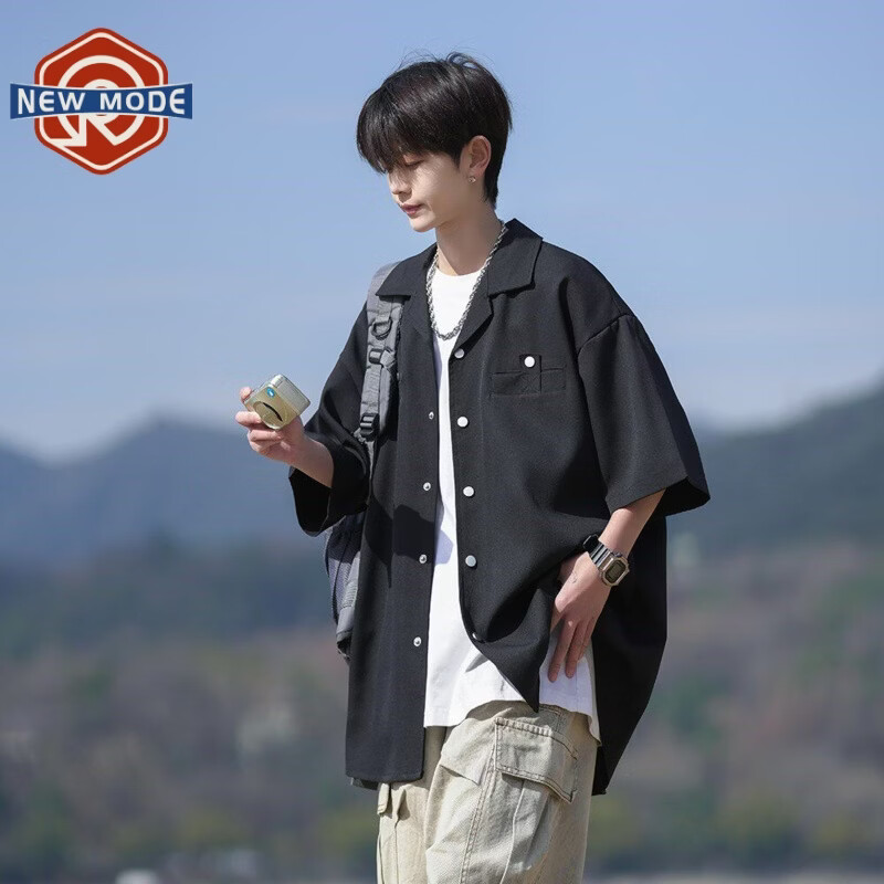 NEW OR MODE美式冰丝短袖衬衫男士夏季新款复古宽松半袖衬衣百搭休闲翻领外套 黑色【高品质】 M 【建议90-110斤】