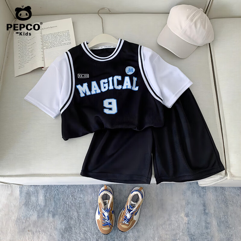 小猪班纳（PEPCO）新款儿童速干球衣男女童夏季透气休闲短袖短裤两件套宝宝球服套装 炫酷黑(C款) 90