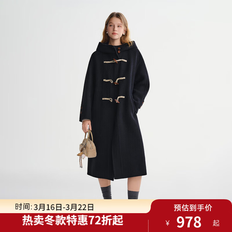 独束大码女装【薄荷生巧】一手长牛角扣羊毛呢大衣中长款毛呢外套 午夜蓝（长款） L （尺码：2） 适合120-145斤