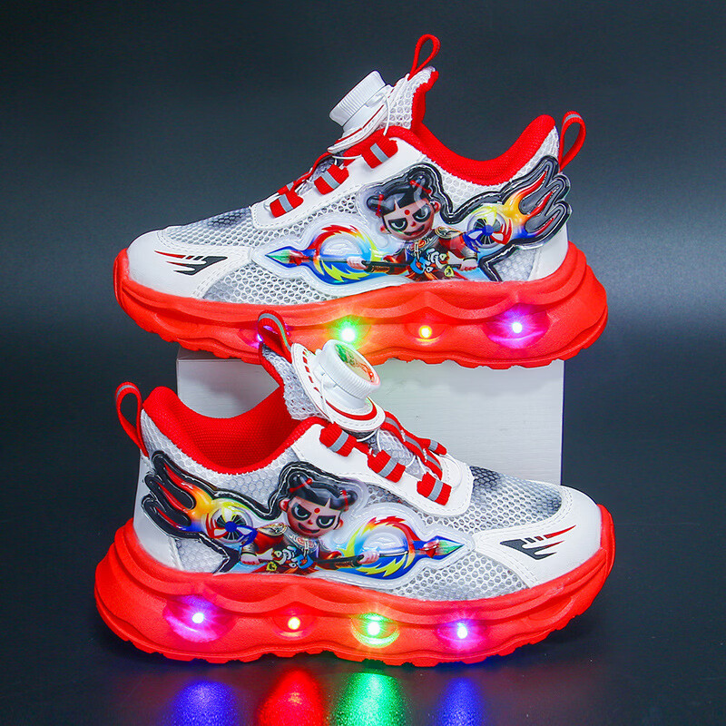 LEOSOXS儿童鞋男童鞋奥特曼中大童3-6亮灯软底网面鞋8岁透气运动跑步鞋 春夏网鞋 红色 26