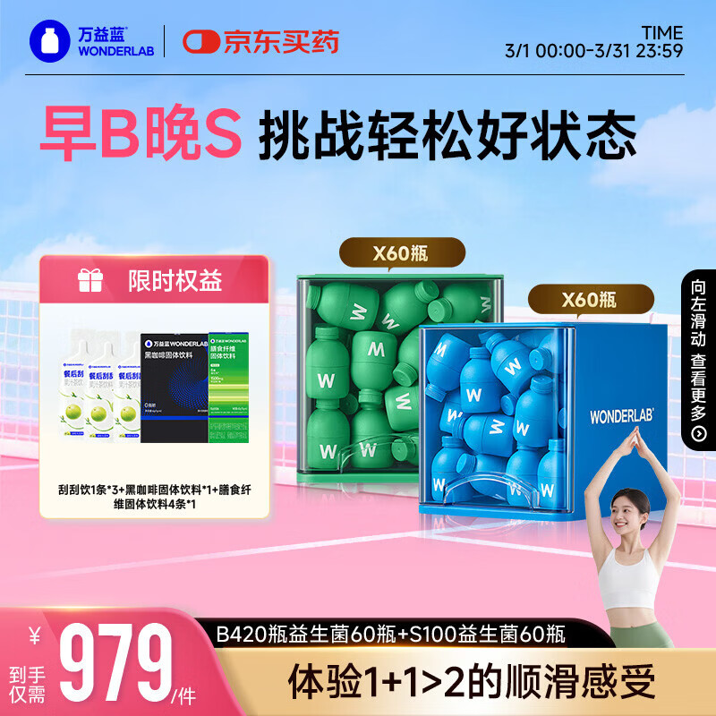 万益蓝WonderLab 早B晚S组合120瓶 B420益生菌S100益生元棕色脂肪男女