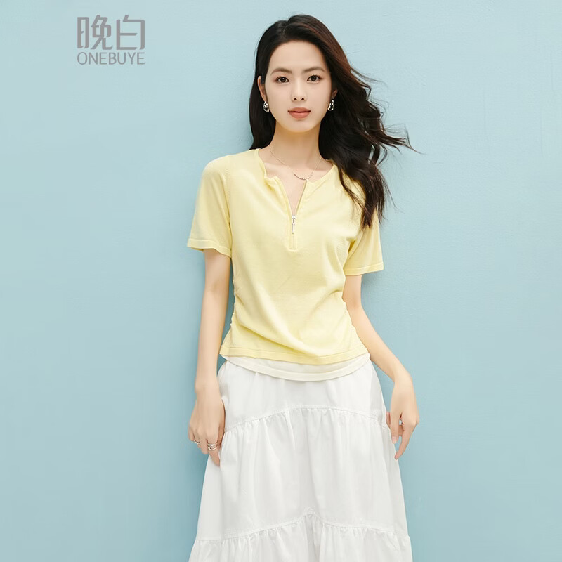 晚白【新品】2026年春款圆领休闲上衣亲肤莱赛尔百搭针织短袖女 嫩黄色 S