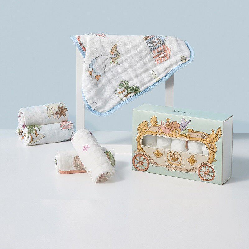 十月结晶婴儿小方巾儿童毛巾纯棉纱布口水巾宝宝洗脸巾新生超软6条装 (假日海滩*2+甜心兔*2+蔬果晴空*2) 30×30(cm)