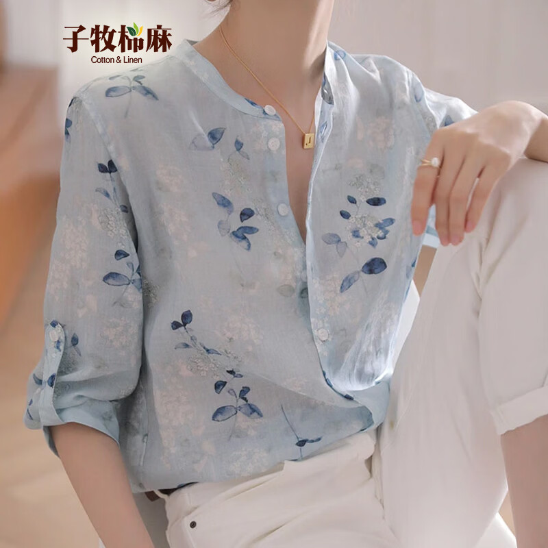 子牧棉麻2026春夏装 女百搭宽松显瘦轻薄透气小衫立领中袖上衣8402 天蓝色 M (建议95-115斤)