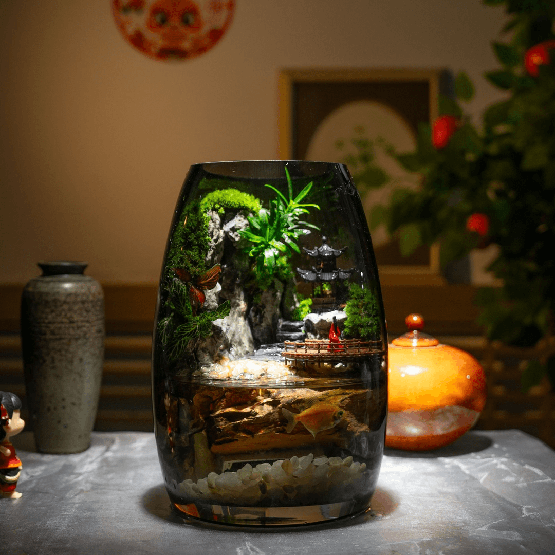 封茗生态瓶苔藓微景观青苔造景缸植物办公室绿植桌面微景瀑布养鱼盆栽 红衣女微景瀑布A款+植物灯（可养鱼）