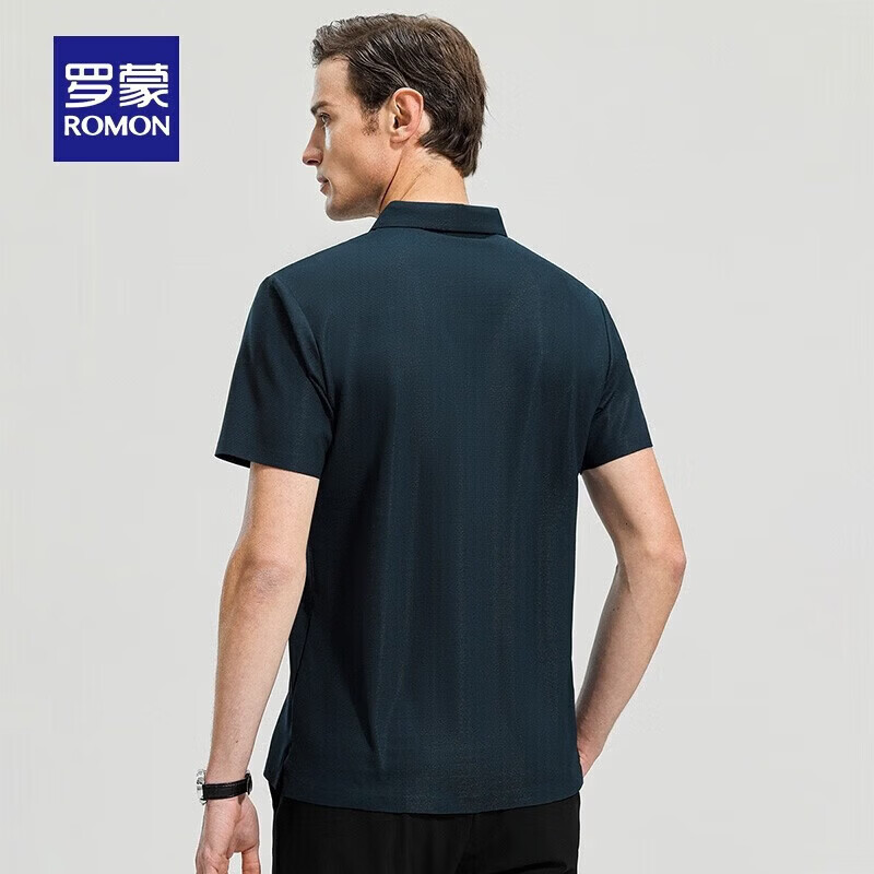 罗蒙(ROMON)高弹华夫格短袖t恤男夏季新款纯色易打理T恤衫中青年翻领上衣 藏青 M 170(建议90-115斤)