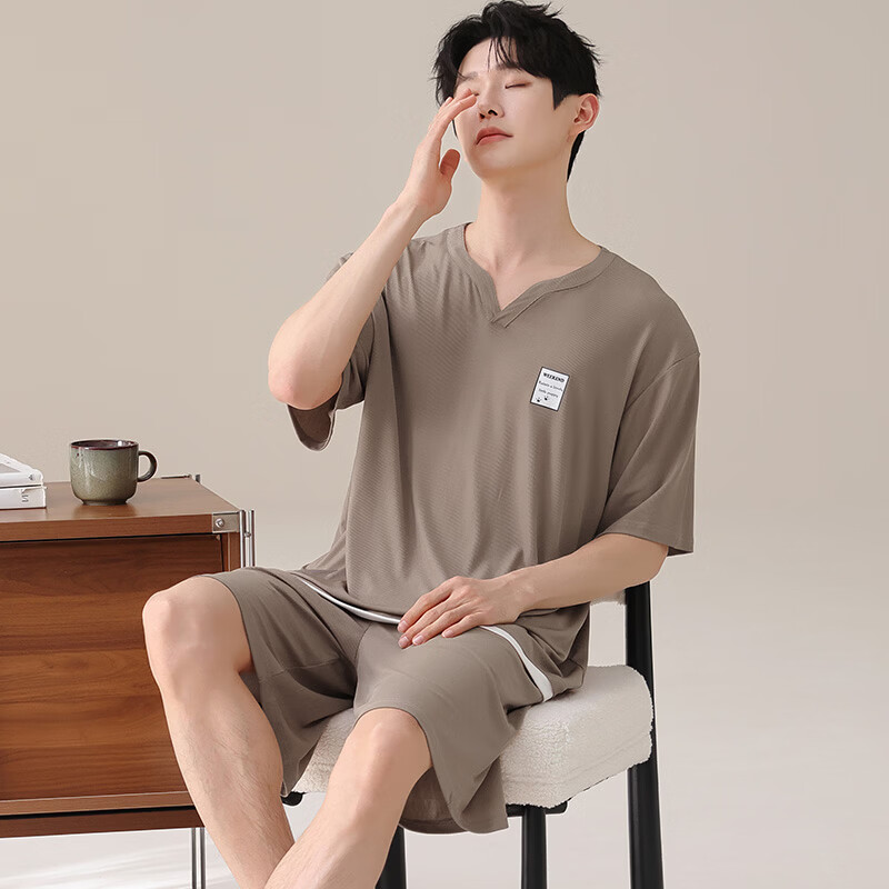 都市丽人男士睡衣夏季薄款冰丝短袖短裤凉感透气男生可外穿家居服套装 凉感男士短袖短裤-藏青色 L （建议105-135斤）