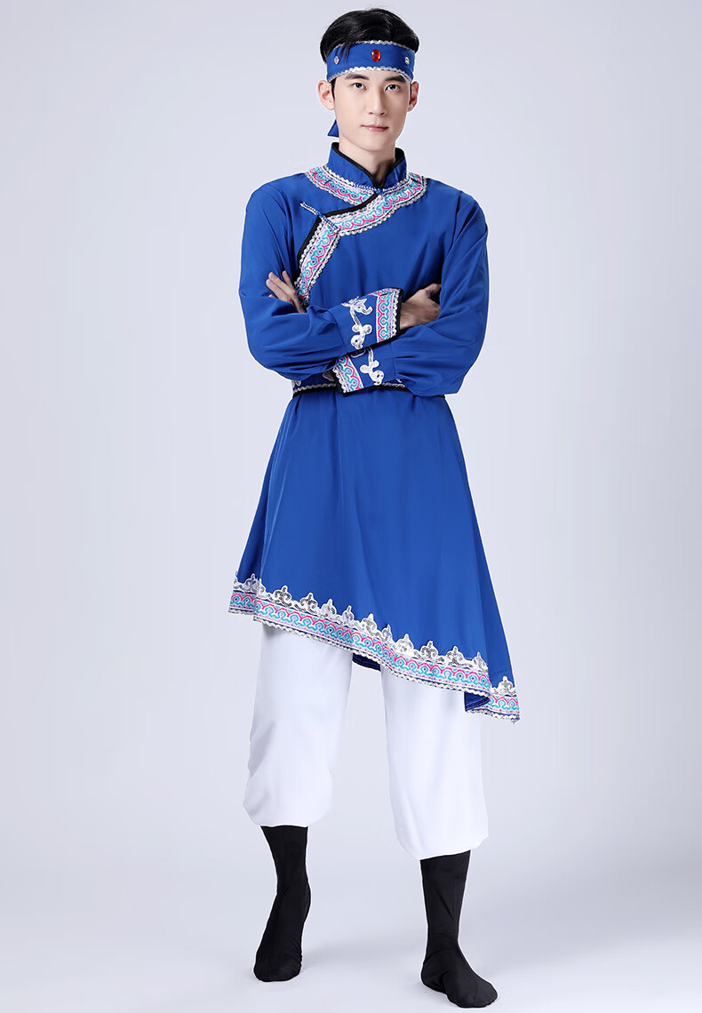 牧兽蒙古舞蹈服装蒙族演出服成人筷子舞现代男士舞蹈服饰 白色 s