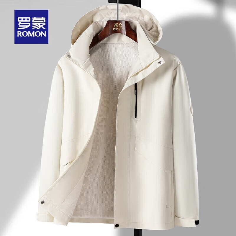 罗蒙（ROMON）户外冲锋夹克衣服男女同款秋季新款可拆卸帽登山情侣外套 7J205118米白 S 【建议80-120斤】