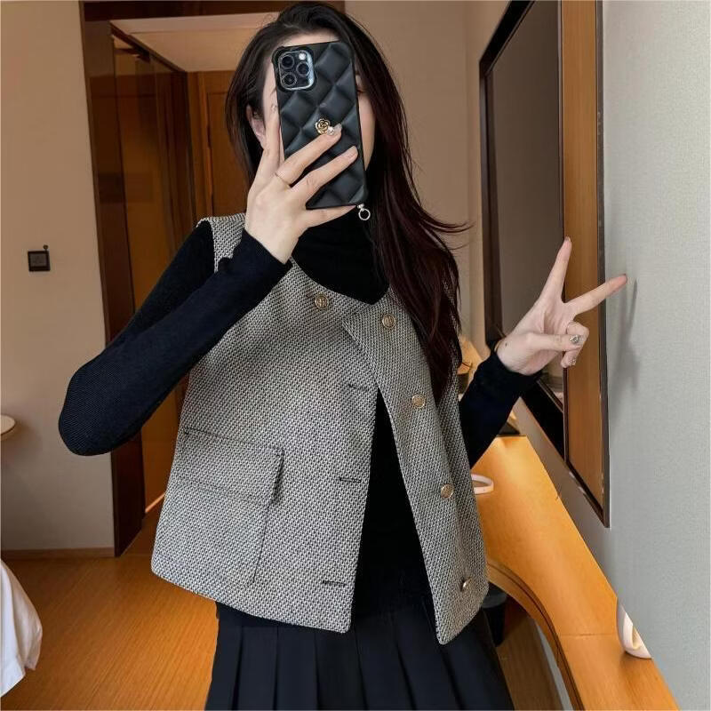 【轻奢品质】小香风西装马甲外套女春秋短款法式高级无袖坎肩背心 浅灰色 2XL 【建议130-145斤】