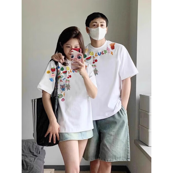 梵姿缇情侣装夏季套装2025新款潮牌衣服宽松短袖t恤感团体班服定制 男白 男白+女白《2件装》 S M 男+女