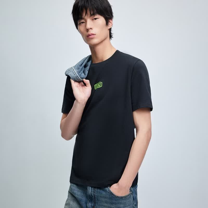 杰克·琼斯（JACK&JONES）26年【100%纯棉】短袖t恤男款夏季新款趣味撞色字母印花品质男装 E43纯黑色 S （170）