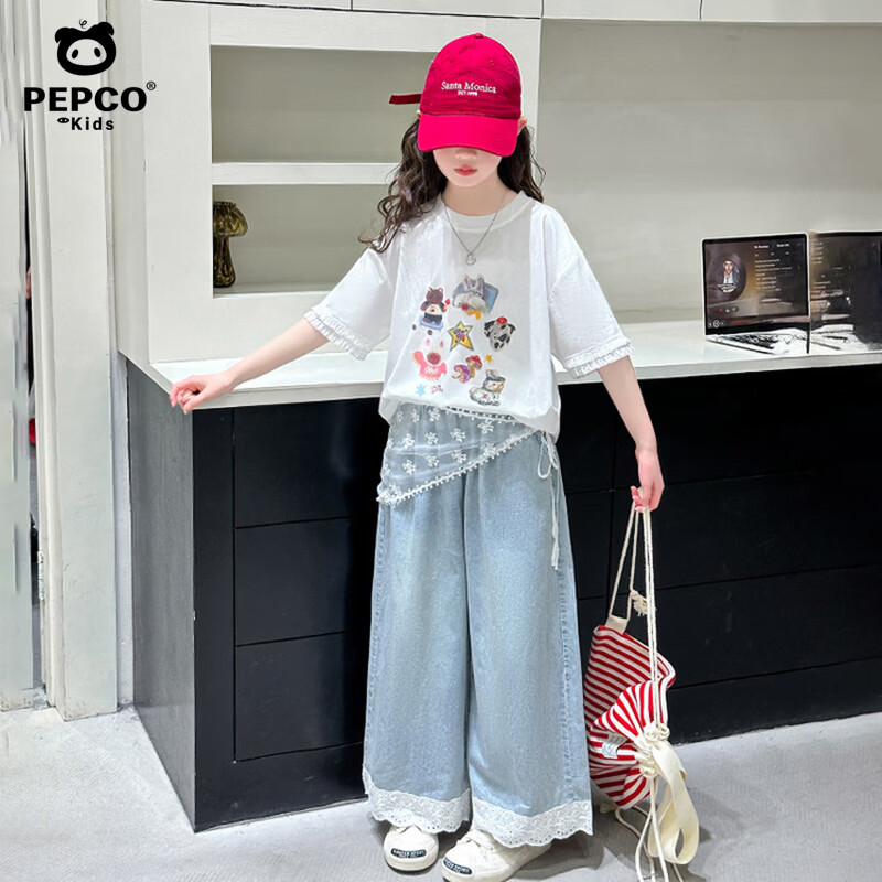 小猪班纳（PEPCO）女童夏季短袖裤子套装儿童印花夏装T恤中大童韩系天丝麻阔腿裤 套装 100 建议身高90-100
