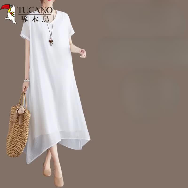 啄木鸟（TUCANO）2026夏季女装新款时尚中年妈妈胖mm裙子宽松大码黑色雪纺洋装夏 黑色(圆领)短袖 XL 约171-184斤