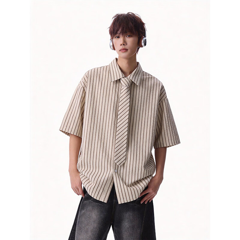NEW OR MODE美式条纹领带短袖衬衫男士夏季新款潮牌撞色宽松休闲翻领衬衣外套 卡其色【高品质】 M 【建议90-110斤】