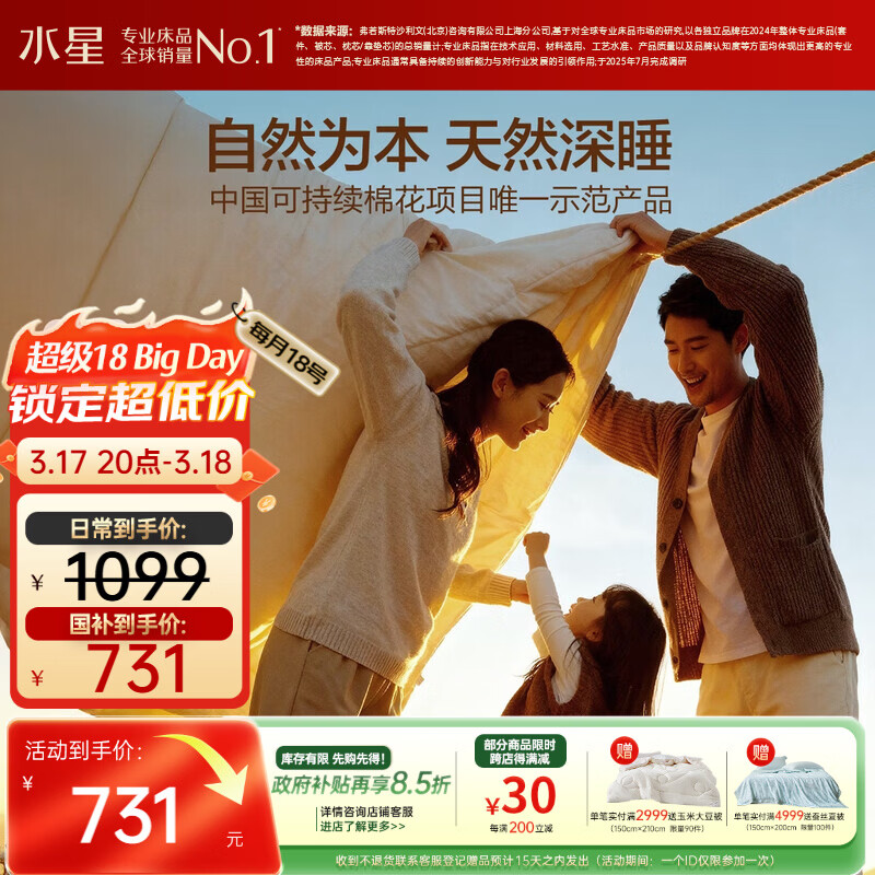 水星家纺棉被子棉花被子被芯纯棉A类新疆棉双人约6斤220x240cm