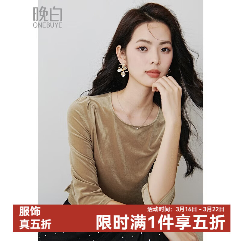晚白2026年春款复古美拉德丝绒圆领上衣弹力舒适宽松遮肉T恤衫女 浅咖色 S