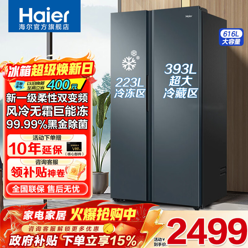 海尔（Haier）冰箱616升双开门对开两门超大容量家用一级能效国家补贴家电以旧换新双变频风冷无霜大冷冻电冰箱 海尔616升双门冰箱