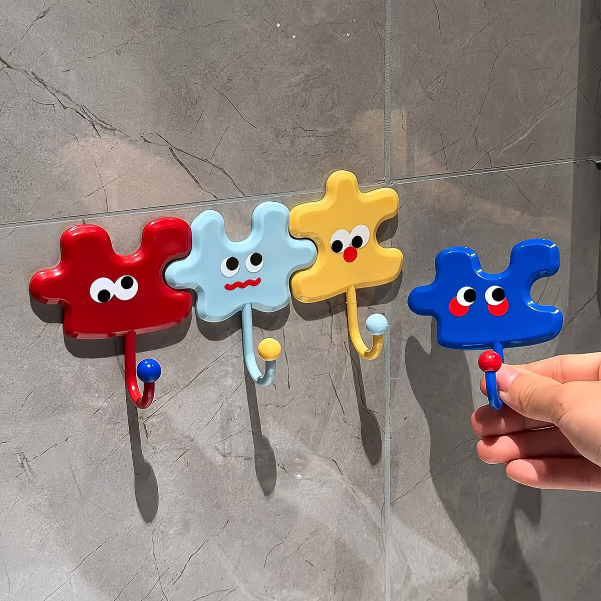 溥畔多巴胺拼图挂钩强力粘胶免打孔强力承重浴室厨房门后墙壁无痕粘钩 拼图挂钩1套[稳固不掉防水防潮]