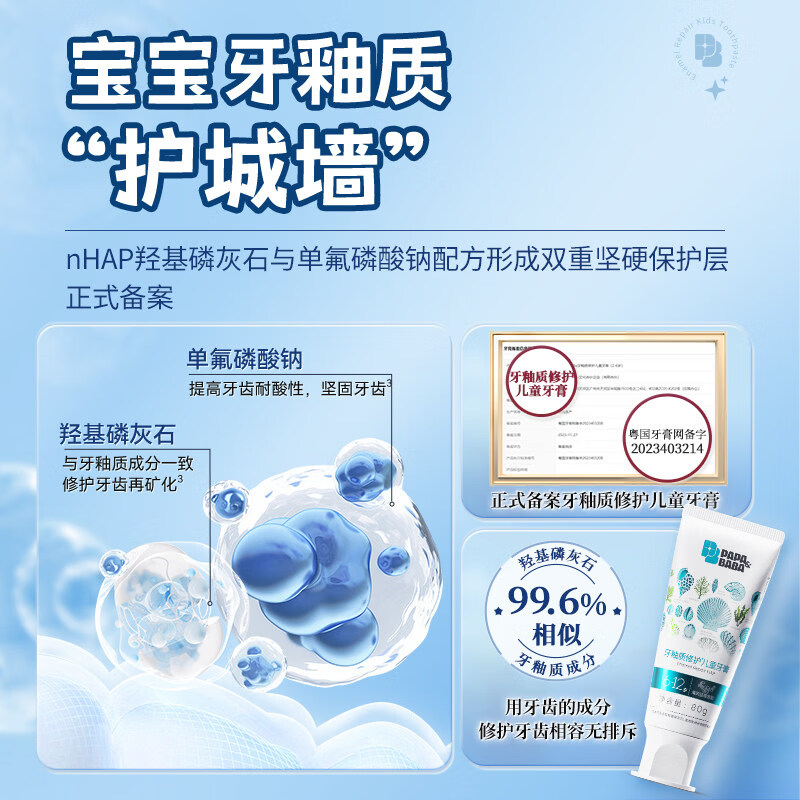 PAPA&BABA泡泡爸爸儿童牙膏修护牙釉质防蛀固齿祛黄呵护口腔护理牙膏 【共160g】6-12岁换牙期80g*2