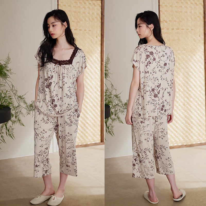 轩靓（XULEN）【送妈妈礼物】大码睡衣女夏季薄款莫代尔短袖七分裤优雅套装礼盒 64933裸杏色 【下单送礼盒】 M 建议体重80-100斤