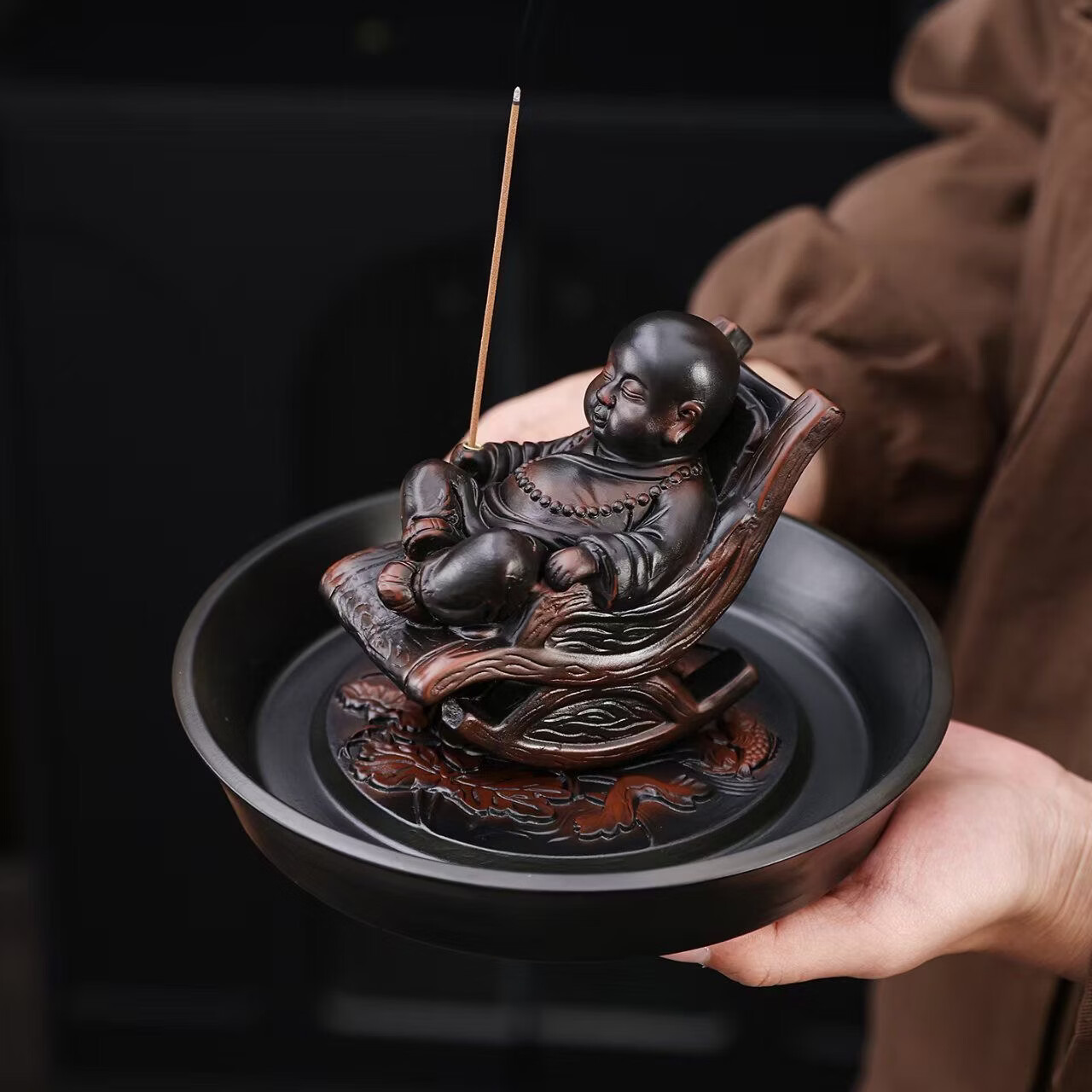 创意摇椅个性茶玩茶桌茶台多功能装 饰摆设禅意紫陶和尚茶宠摆件 紫陶 摇摇椅 小和尚