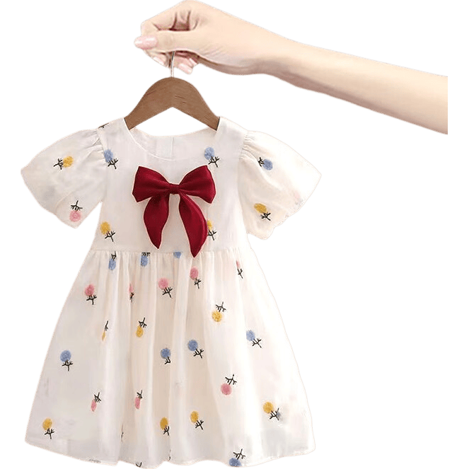 拉夏貝爾女童連衣裙夏新款蝴蝶結(jié)可愛公主裙女寶寶時尚花朵紗裙 米白 120 建議身高111-120cm