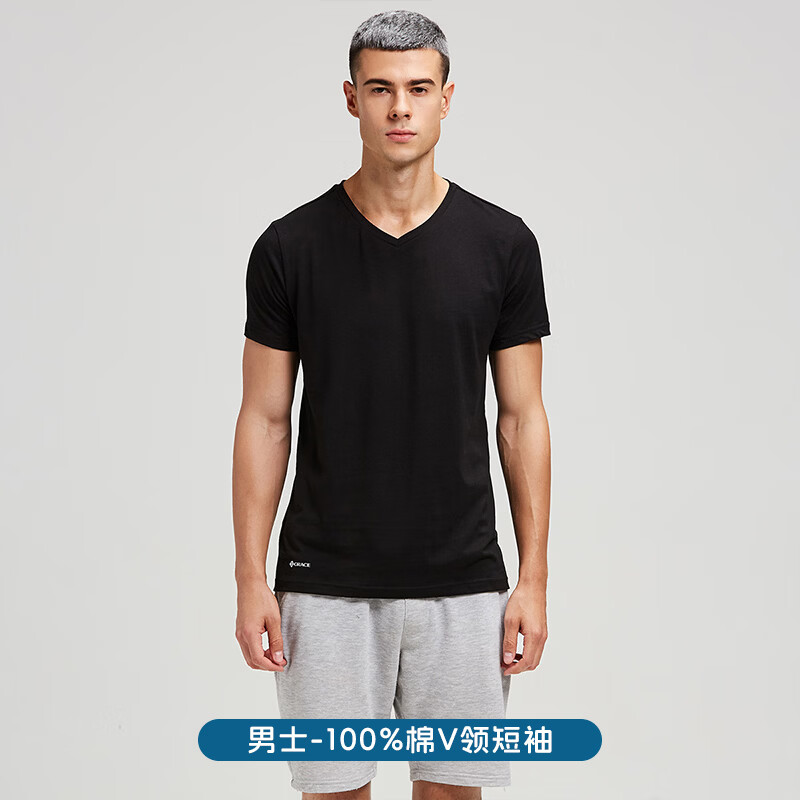 洁丽雅短袖含棉夏季T恤宽松透气潮流纯色短袖男运动休闲男士短袖 黑色【V领100%棉】 L