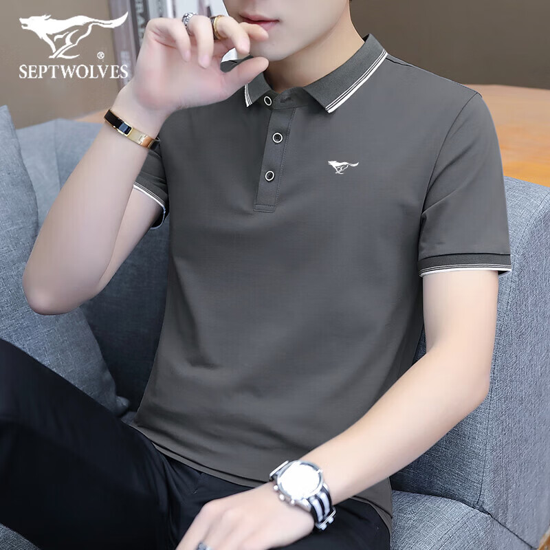 七匹狼（SEPTWOLVES）短袖Polo衫男士半袖夏季薄款短袖男翻领休闲保罗衫正装中青年通勤 T244碳灰  常规 XL 建议130-145斤