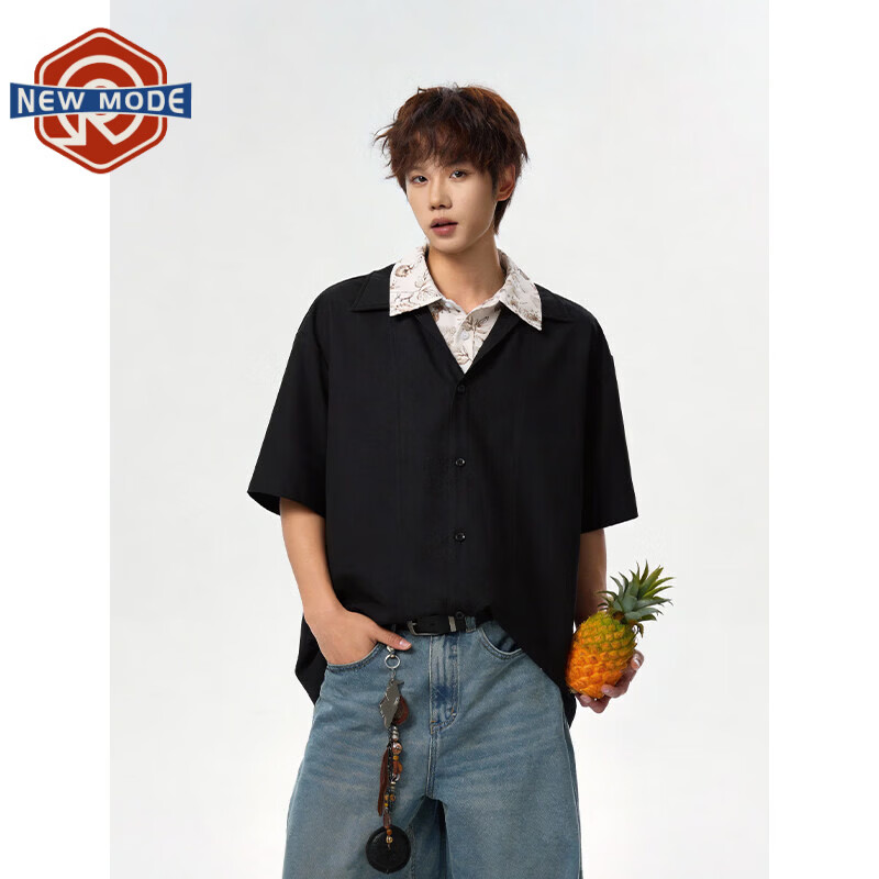 NEW OR MODE假两件凉感冰丝短袖衬衫男夏季美式复古高级感宽松百搭半袖衬衣服 黑色【高品质】 XL 【建议125-145斤】